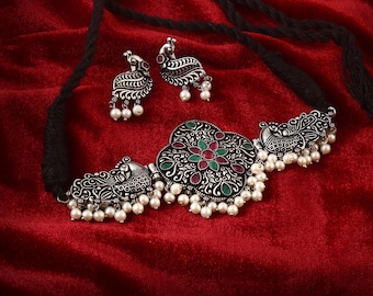 Oxidiertes Silber Schmuck Set: Faden Halskette, Ohrringe
