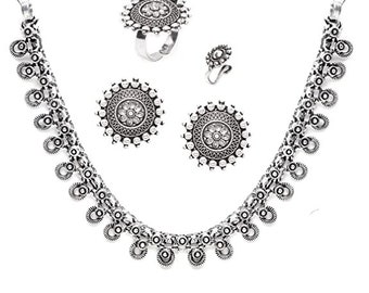 Oxidized Silver Plated handmade Party wear Adjustable S-HOOK Necklace Jewelry set with Studs, Adjustable Ring & Nose Pin for women