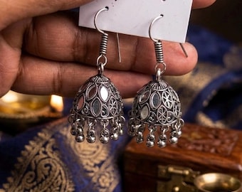 Oxidized Silver Jhumka Earrings with Mirror Work, Boho Tribal Jewelry