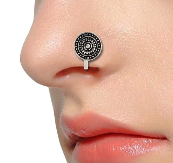 THANU'S CRAFT pressing nose Stud clip on nosepin Black Silver oxidised Nose  Pin for Girls &