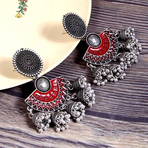 Oxidized Silver Plated Enamel earrings statement chandelier dangle drop Jhumka  Party Wear Indian jewelry for women
