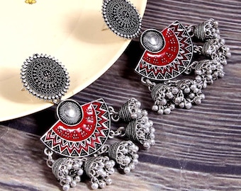 Oxidized Silver Plated Enamel earrings statement chandelier dangle drop Jhumka  Party Wear Indian jewelry for women