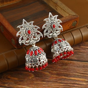 Oxidised Silver Plated Party wear Red beaded Jhumka Jhumki Earrings Jewelry for women