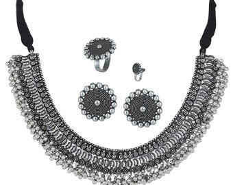 Oxidized Silver Plated handmade Party wear Adjustable Thread Choker Necklace Indian Jewelry set with Studs, Adjustable Ring & Nose Pin