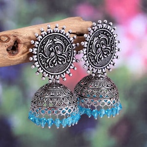 Oxidierte versilberte indische Bollywood Jhumka Jhumki Ohrringe für Frauen und Mädchen