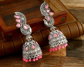 Oxidized Silver Plated Pink Peacock Jhumka Earrings