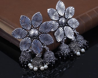 Oxidized Silver Plated Jhumka Earrings: Handmade Wedding Jewelry