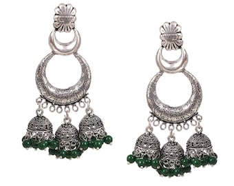 Oxidized Silver Plated Jhumka Earrings Indian Dangle Drop Earrings with Green Beads