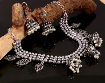 Oxidized Silver Plated Party wear Jewelry Set,  Necklace with Jhumka Jhumki Earrings women (White)
