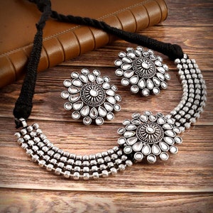 Oxidized Silver Plated Jewelry Set: Adjustable Necklace & Studs