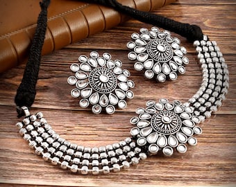 Oxidized Silver Plated Jewelry Set: Adjustable Necklace & Studs