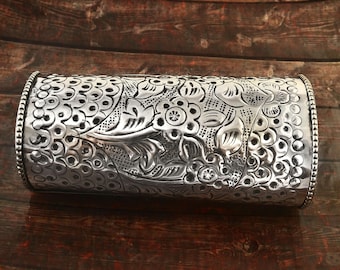 Handcrafted Floral Engraved Silver Cuff Bracelet | Tribal Statement Jewelry | Boho Ethnic Armlet for Women