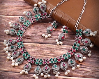 Oxidized Silver Plated Necklace Earring Set: Red Green Stone Jewelry