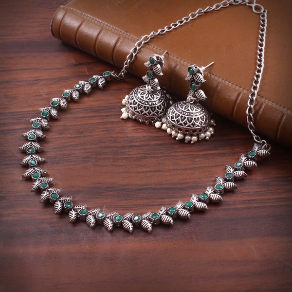 Silver Look Stone with Jumka Oxidised Necklace main image 0