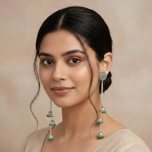 Oxidized Silver Plated Kashmiri Jhumka Earrings, Green 3-Step Dangle