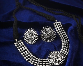 Oxidized Silver Plated Choker Necklace & Earrings Set: Traditional Indian Jewelry