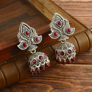 Oxidized Silver Plated Jhumka Earrings: Maroon Bollywood Jewelry