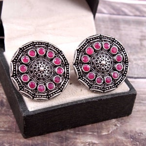Oxidized Silver Plated  Statement Party Wear Pink Stone Studs Earrings for women & Girls