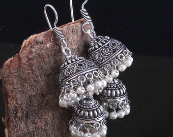 Bollywood Oxidized Silver plated Light weight White Pearl Dual Jhumka Jhumki Hook drop Traditional Earrings for women