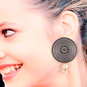 Oxidized Silver Plated Pearl Studs Jhumka Jhumki Indian Earrings Jewelry for women image 2
