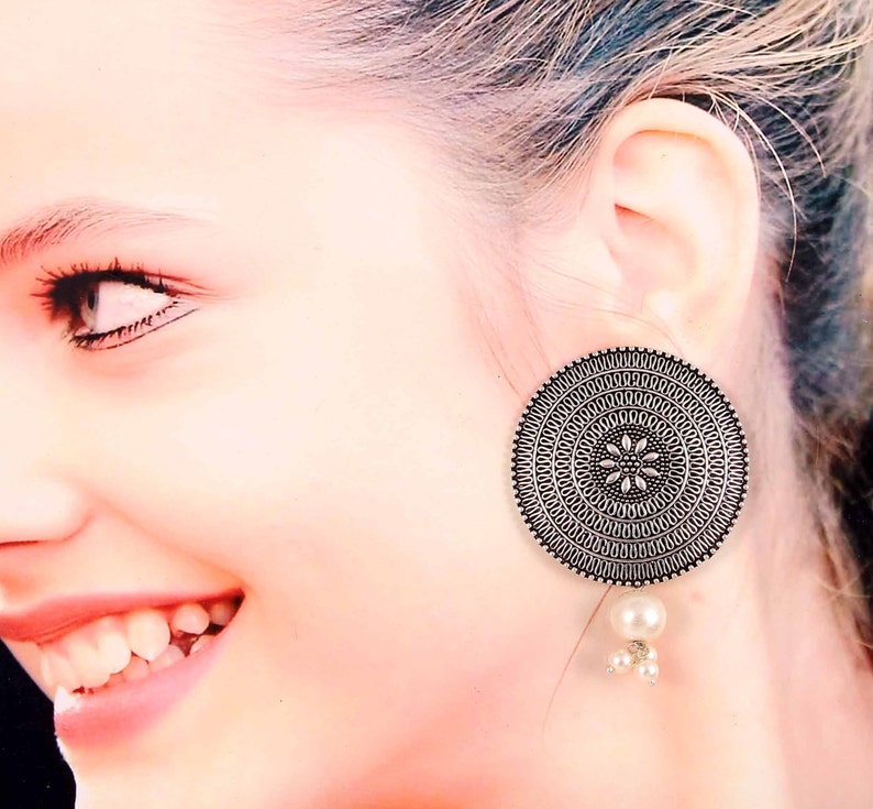 Oxidized Silver Plated Pearl Studs Jhumka Jhumki Indian Earrings Jewelry for women image 2
