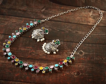 Oxidized Silver Necklace & Jhumka Earrings Multicolor Stone Indian Jewelry