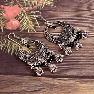 Oxidierte versilberte traditionelle Jhumka Jhumki Ohrringe, Baali, 3 in 1 Jhumki für Frauen, Hakenohrringe / bestes Geschenk für Liebe