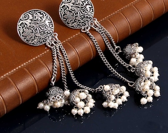 Bollywood Oxidized Silver Plated handmade Long Step by Step Jhumka Jhumki indian Earrings women/ Wedding jewely/ party wear earrings