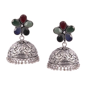 Oxidiertes Silber überzogene handgemachte Stein-große Hochzeit Jhumka Jhumki Ohrringe für Frauen