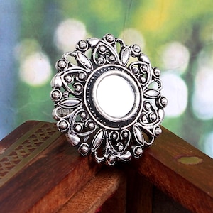 German Silver Plated Statement Adjustable Mirror Finger Ring for women & Girls