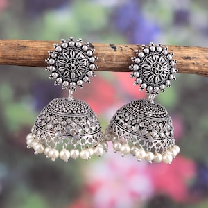 Oxidized Silver Plated White Pearl Big Jhumka Jhumki Earrings for women