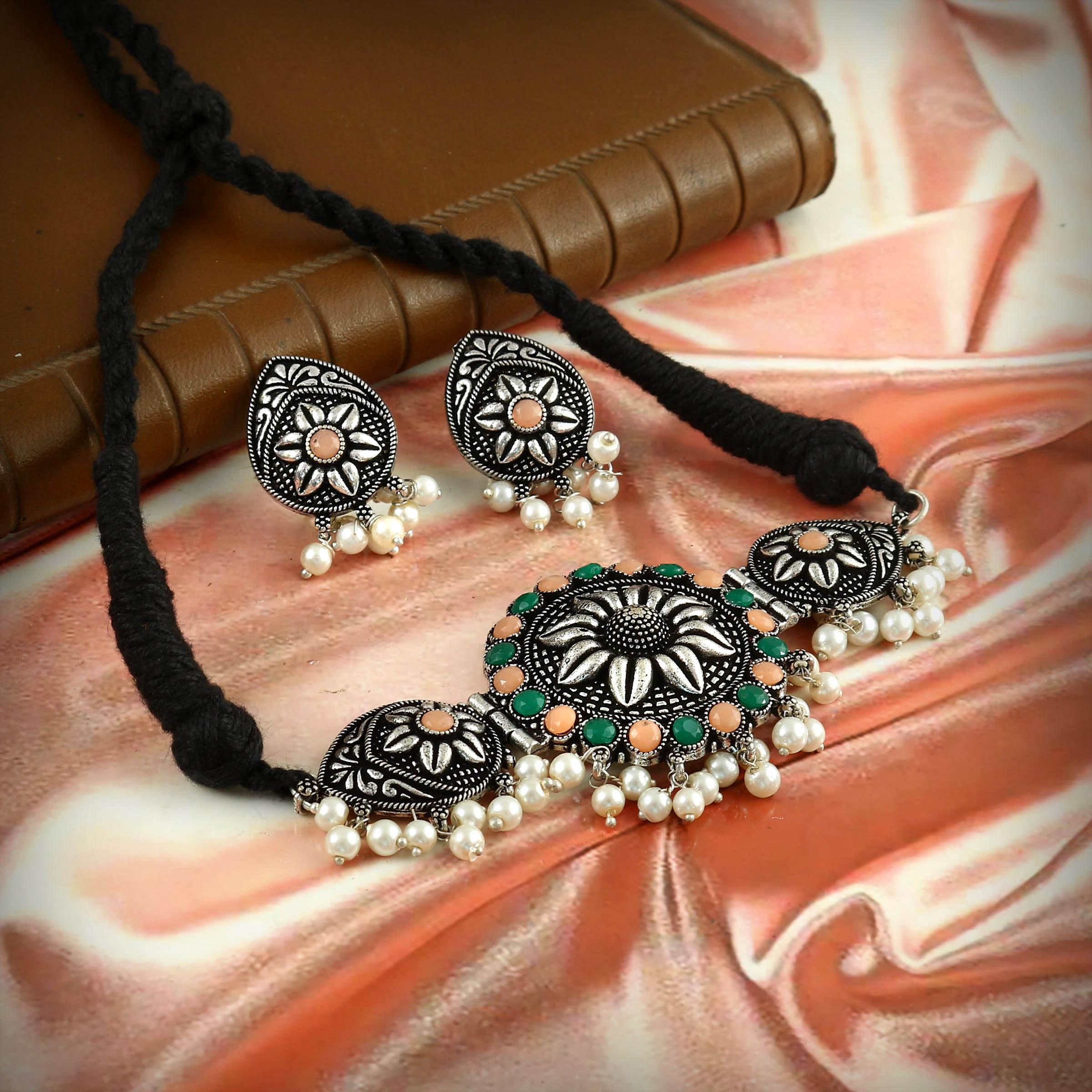 Oxidised silver choker necklace set deals