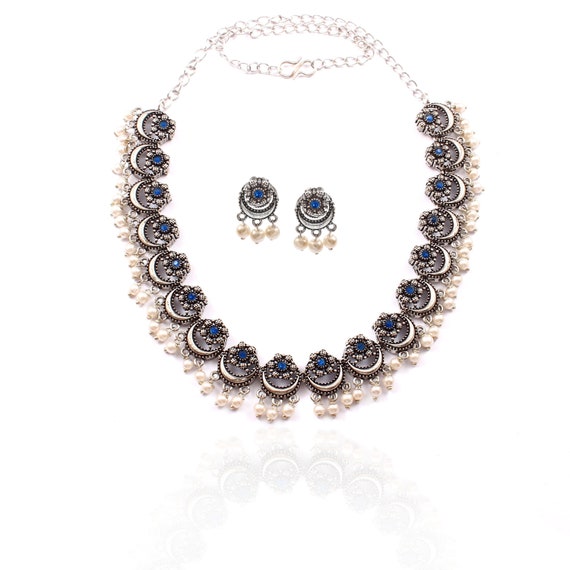 Oxidized Silver plated Wedding Party wear  Jewelry set/ Designer Luxury choker necklace with jhumka jhumki  earrings