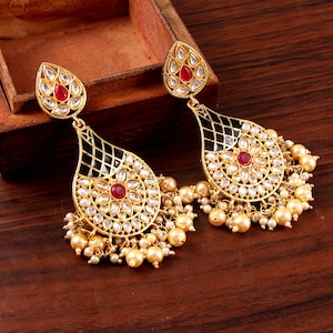 Vergoldete Kundan Ohrringe: Indischer Meenakari Perle Bollywood Schmuck
