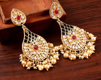 Gold Plated Kundan Earrings: Indian Meenakari Pearl Bollywood Jewelry