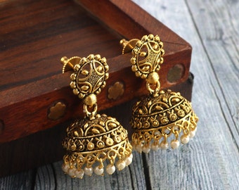 Indian Oxidized Gold Plated Light Weight white beaded Jhumka Jhumki Earrings Jewelry women