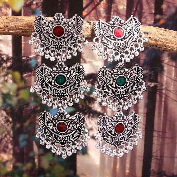 Oxidized Silver Plated Handmade Meenakari Three Step Jhumka Jhumki