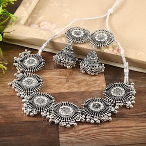 Oxidized Silver Plated Jewelry Set: Handmade Necklace & Stud Earrings