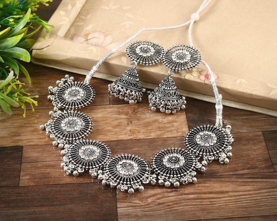 Oxidized Silver Plated Jewelry Set: Handmade Necklace & Stud Earrings
