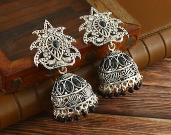Oxidised Silver Plated  Party wear Black beaded Jhumka Jhumki Earrings Jewelry for women