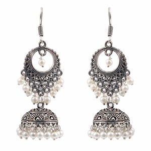 Silver Plated Oxidised Earrings Traditional Indian jhumka jhumki White pearls baali earring For women