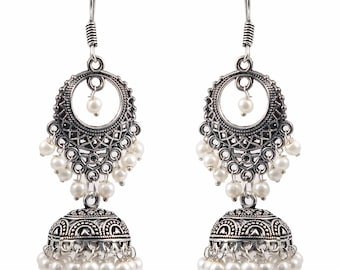 Silver Plated Oxidised Earrings Traditional Indian jhumka jhumki White pearls baali earring For women