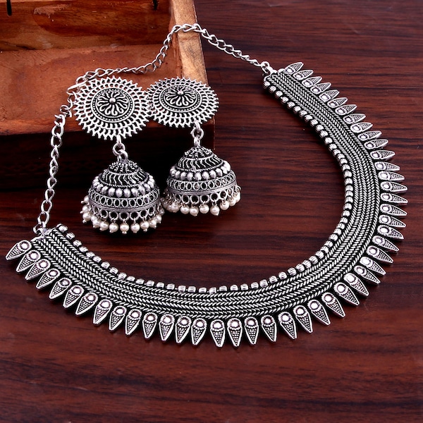 Bollywood Oxidized Silver Plated Handmade Designer Jewellery set/ Party wear Jewelry set/ Oxidized choker necklace earrings jhumka jhumki #N