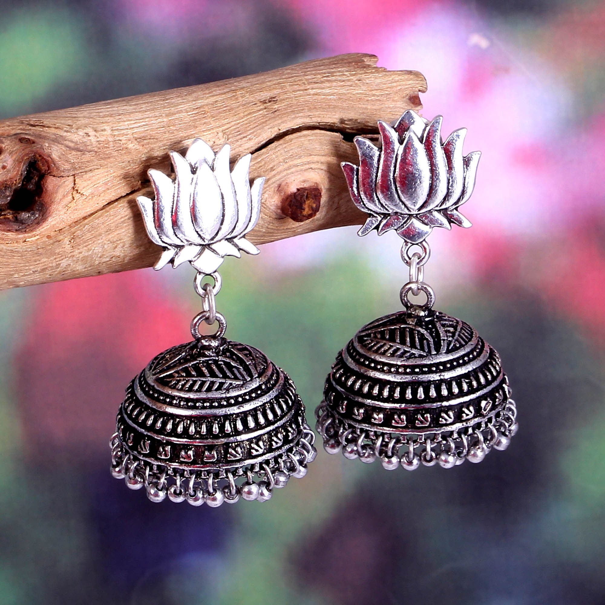 Oxidised store lotus jhumka