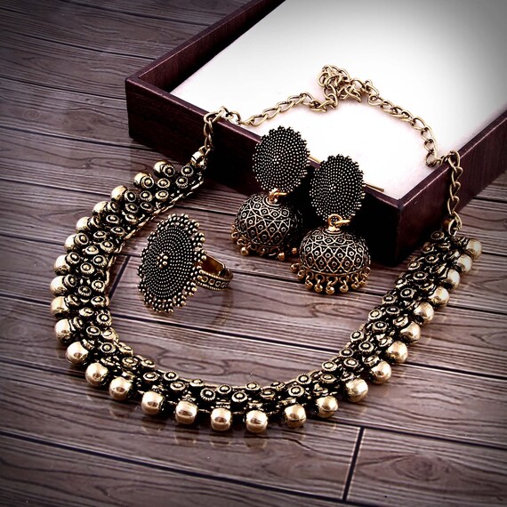Oxidized Gold Plated Handmade Jewellery Set Party Wear Jewely Set