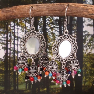 Oxidiertes Silber überzogene Mehrfarben3 in 1 Spiegel Big Jhumka Jhumki Ohrringe Schmuck für Frauen