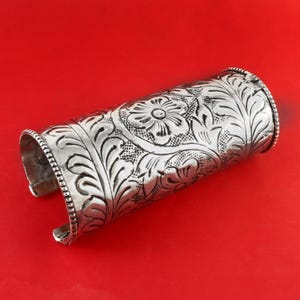 Embossed Silver Floral Cuff Bracelet: Boho Festival Jewelry