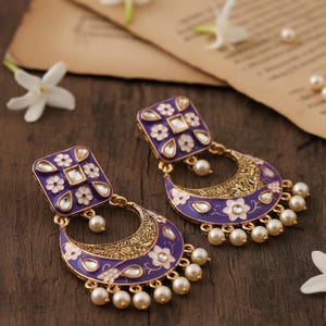 Gold Plated Enamel Earrings with Kundan polki jewelry Indian Bollywood Statement Style image 1