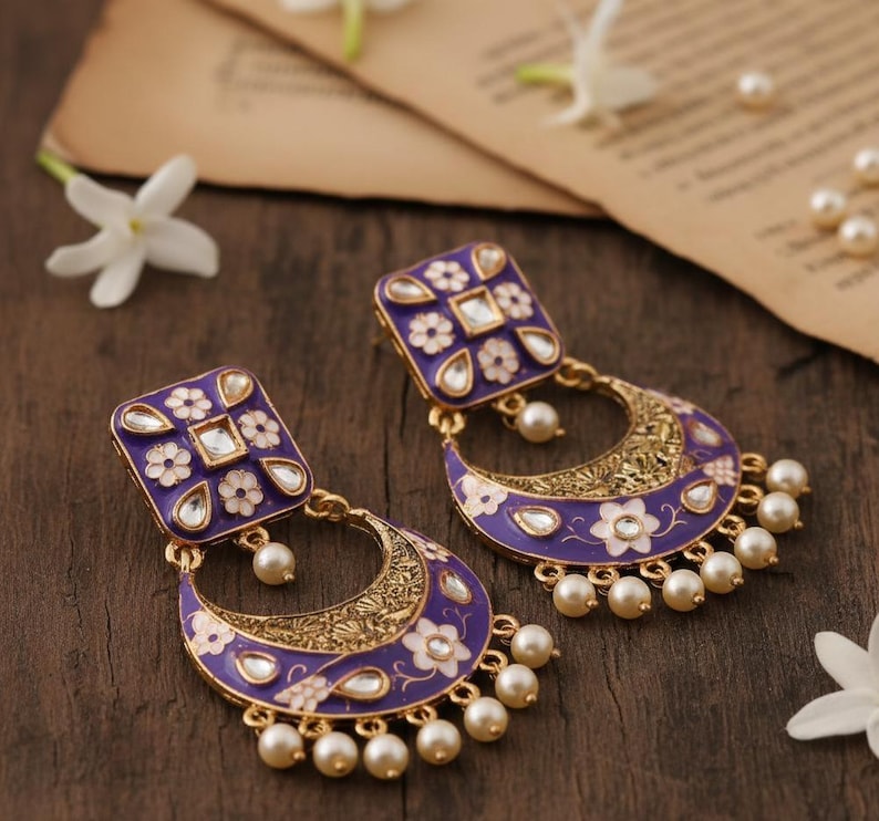 Gold Plated Enamel Earrings with Kundan polki jewelry Indian Bollywood Statement Style image 1