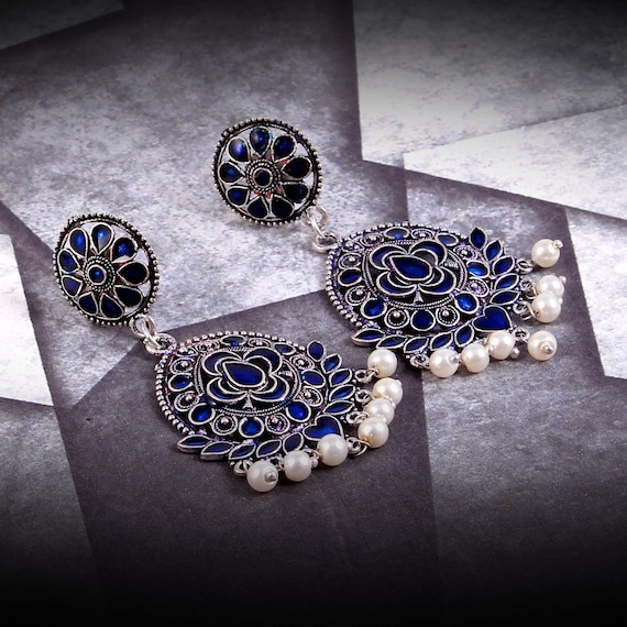 Oxidized Silver Plated Meenakari Blue Color Jhumka Jhumki Earrings